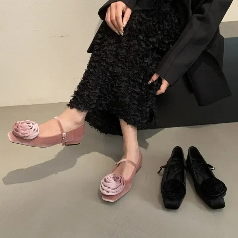 Flock Flowers Flat Shoes for Shallow Dress Shoes Comfort Soft Sole Square Toe Designer Mary Jane Ballet Shoes