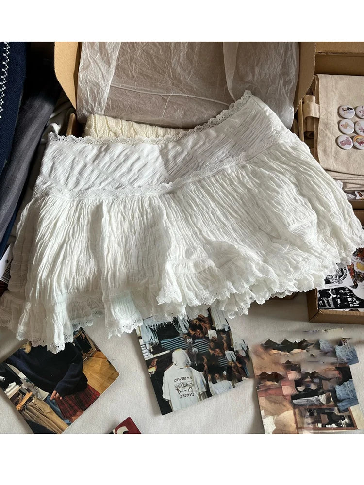 White Lace Trim Sweet Mini Skirts Summer Folds Texture High Waist Aline Short Faldas Balletcore Skirt