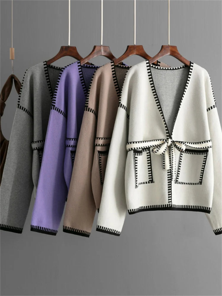 Knit Contrast Cardigan Sweater for Lace-up Pocket Long Sleeve Patchwork Loose Coat Autumn Knitwear ’s Outwear