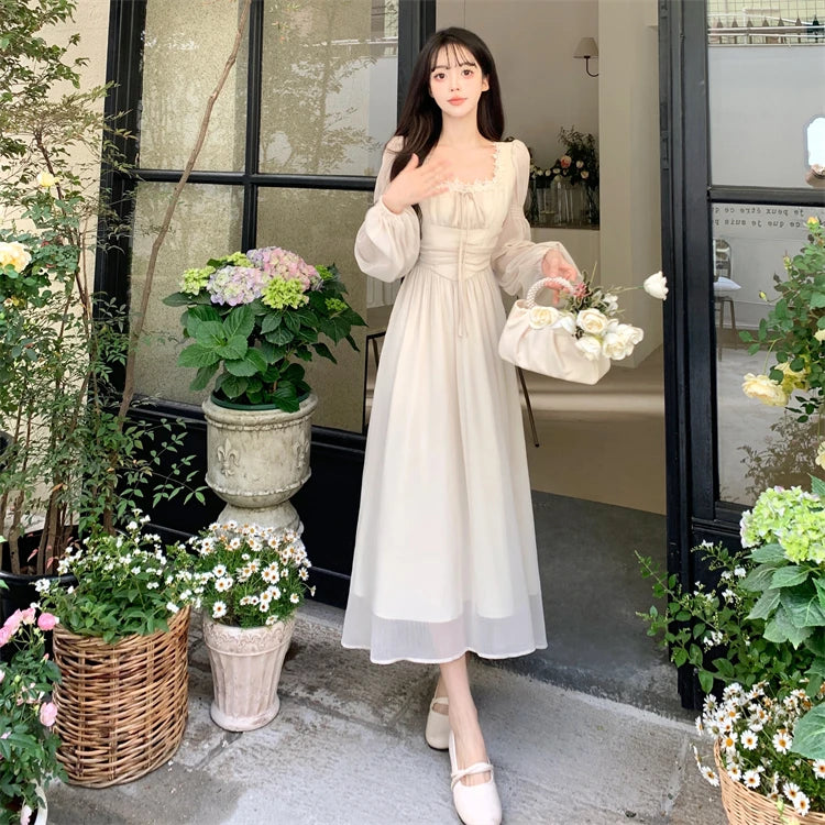 French Princess Evening Party Midi Dresses for Springtime Slim Bandage Long Sleeve Vestidos Korean Summer Clothes