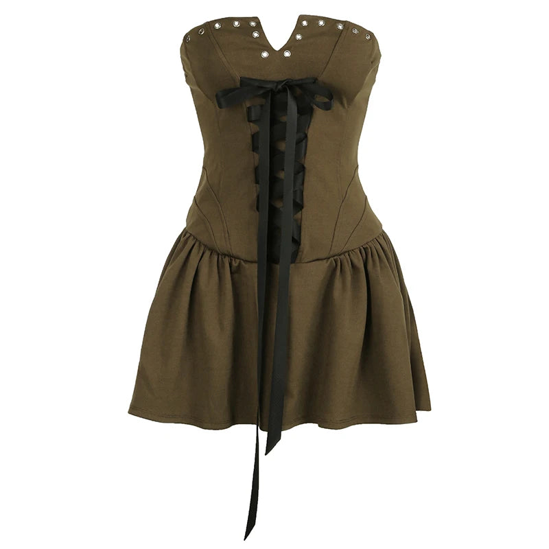 High Street Bandage Tube Dress for Birthday Party Eyelet Strapless Mini Dresses Korean Aline Robe