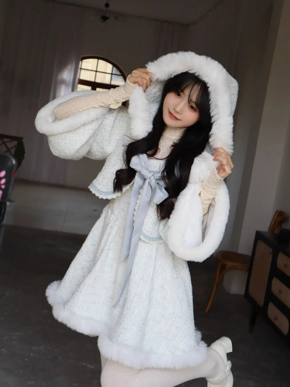 Autumn/winter New Set Sweet Girl Bow Plush Hooded Coat Slimming Aline Strap Camisole Dress Two Piece Sets Outfits