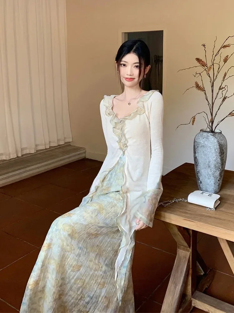 Gentle Wind Ruffle Design Dress for New Niche Shirt Top Autumn Skirt Suit Daily Long Dresses