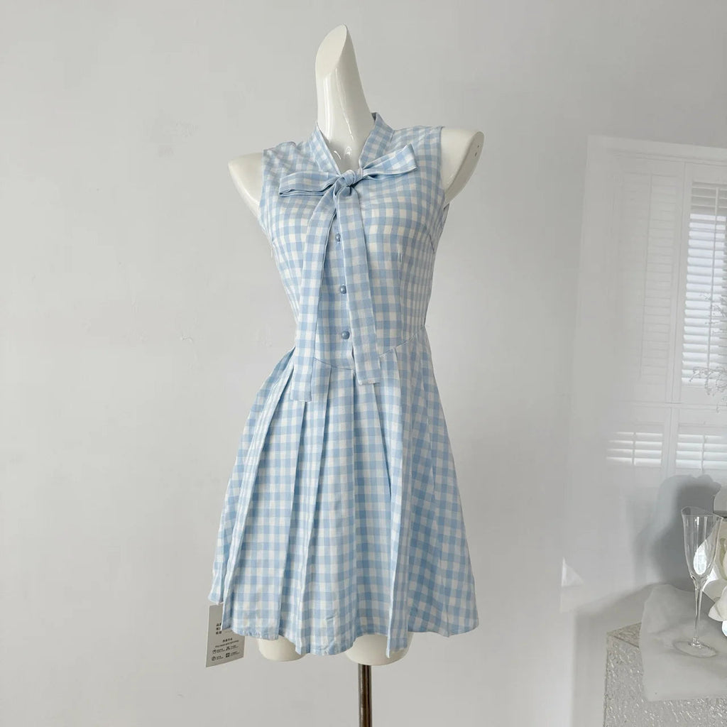 Summer Sweet Plaid Y2k Mini Dress Bow Sleeveless Japanese Kawaii Dresses Beach Party