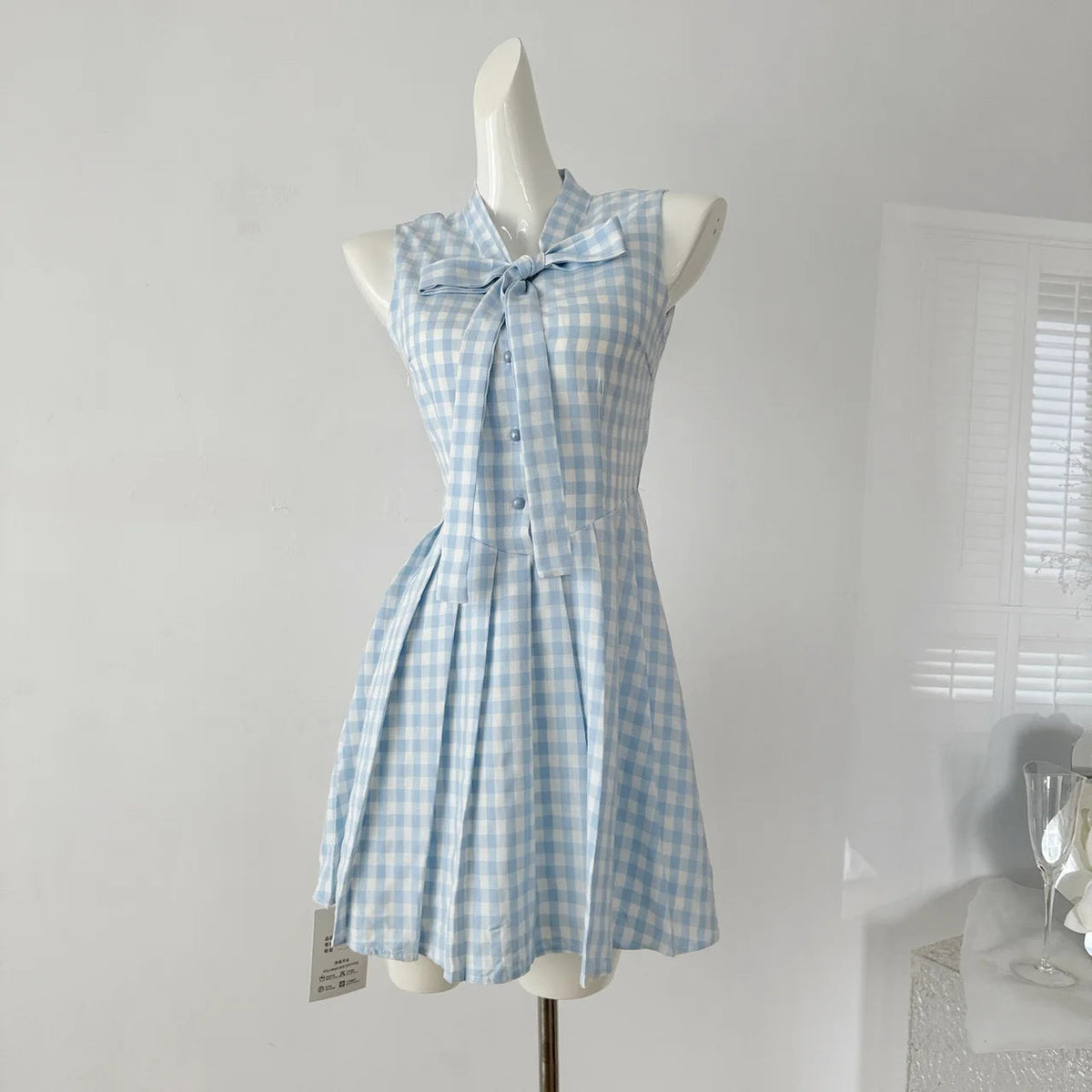 Summer Sweet Plaid Y2k Mini Dress Bow Sleeveless Japanese Kawaii Dresses Beach Party