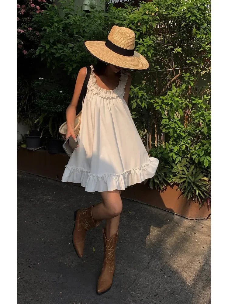 Sleeveless Ruffles Mini Dress White Beach Sundress Girl Home Dresses Loose Summer Dress Oversized