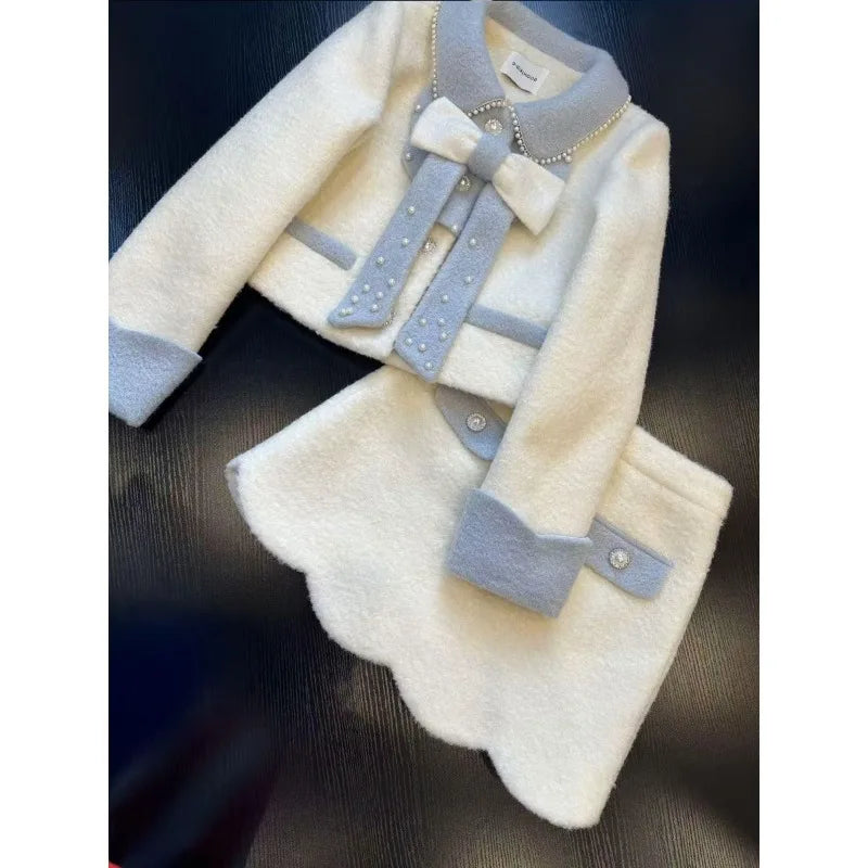 Sweet Hot Girl Suit Autumn/winter Bow Beaded Longsleeved Coat High Waisted Aline Skirt Twopiece Set Female Clothes