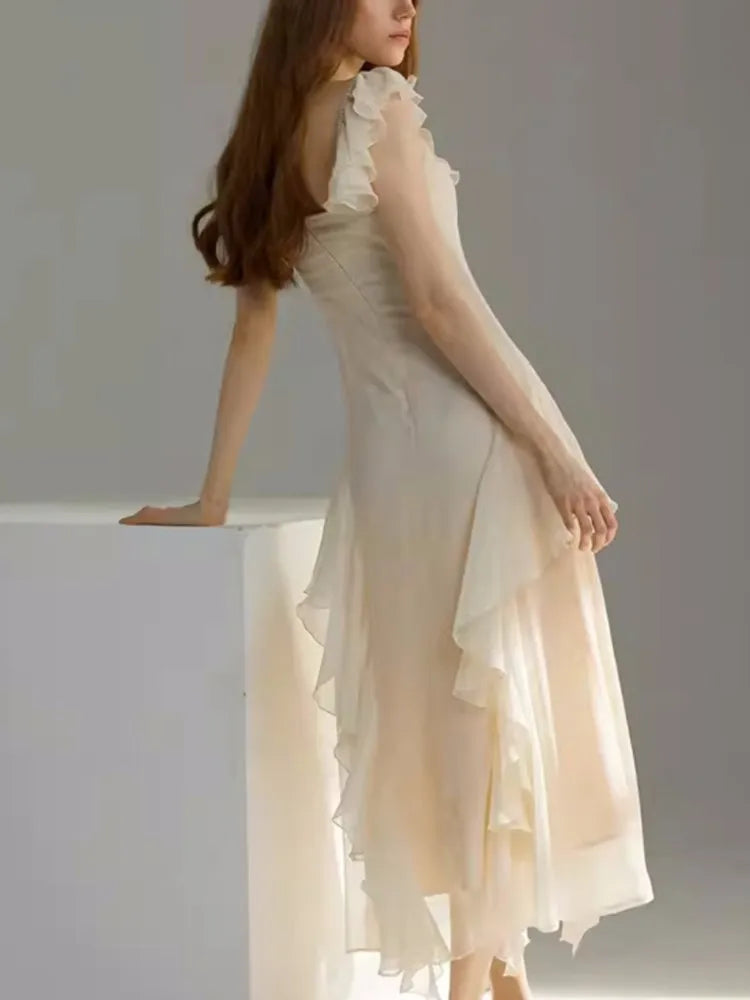 French Ruffles Midi Dress Summer New Sleeveless Vneck Holiday Beach Style Aline Party Prom Robe Vestido Mujer