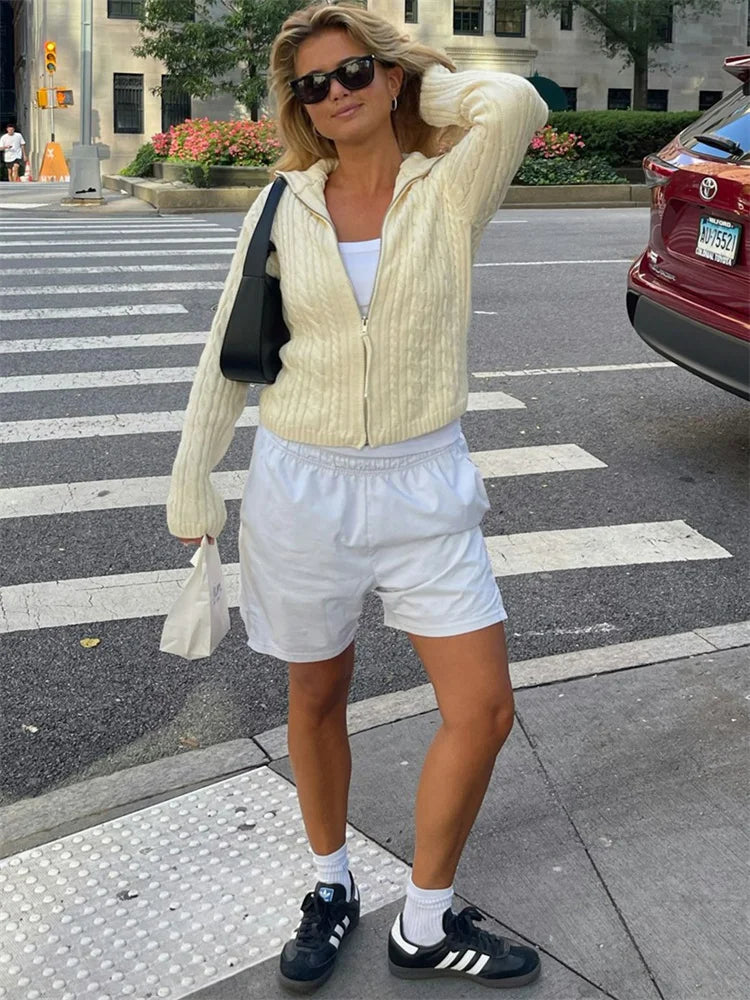 Knit Sweater Cardigan for Patchwork Winter Long Sleeve Lapel Zipper Outwear Knitwear Female New