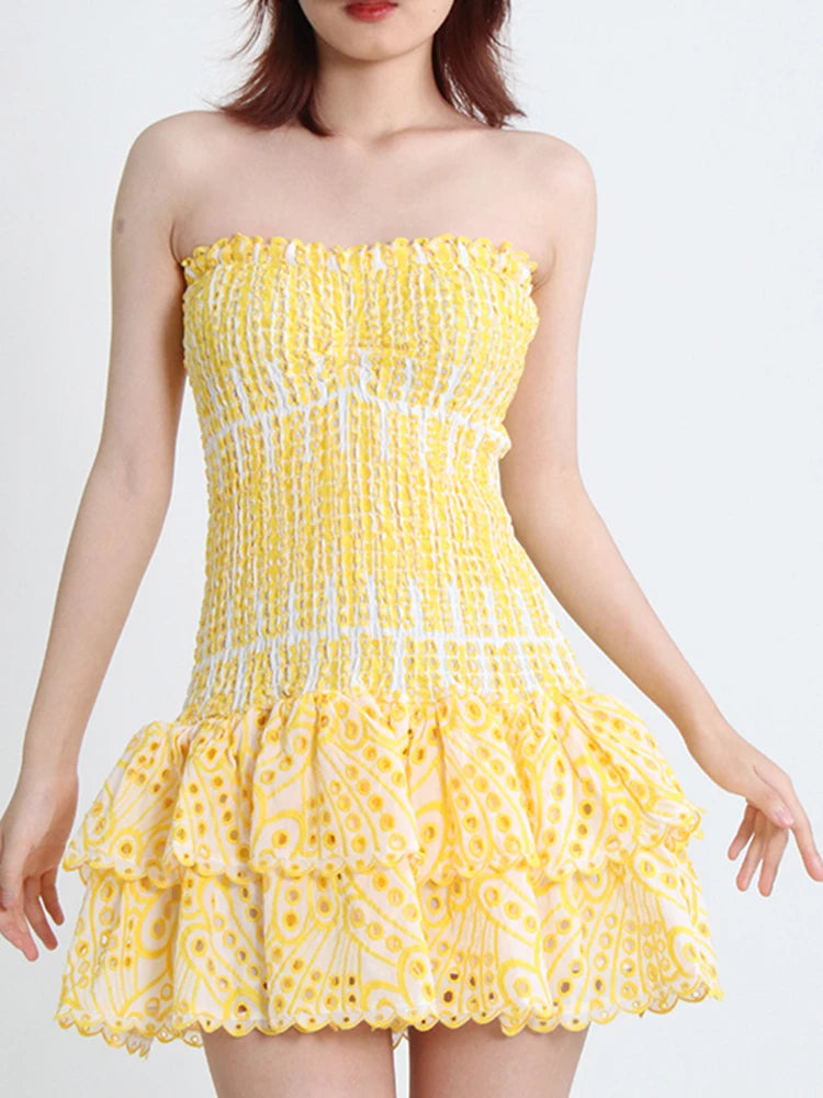 Embroidery Cut Out Woman Mini Dress Strapless Off Shoulder High Waist Vestidos Female Clothing Summer 23a430