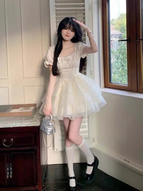 Lolita Kawaii Sweet Y2k Mini Dress Woman Short Sleeve Party Dress Japanese Lolita Korean Dress Summer