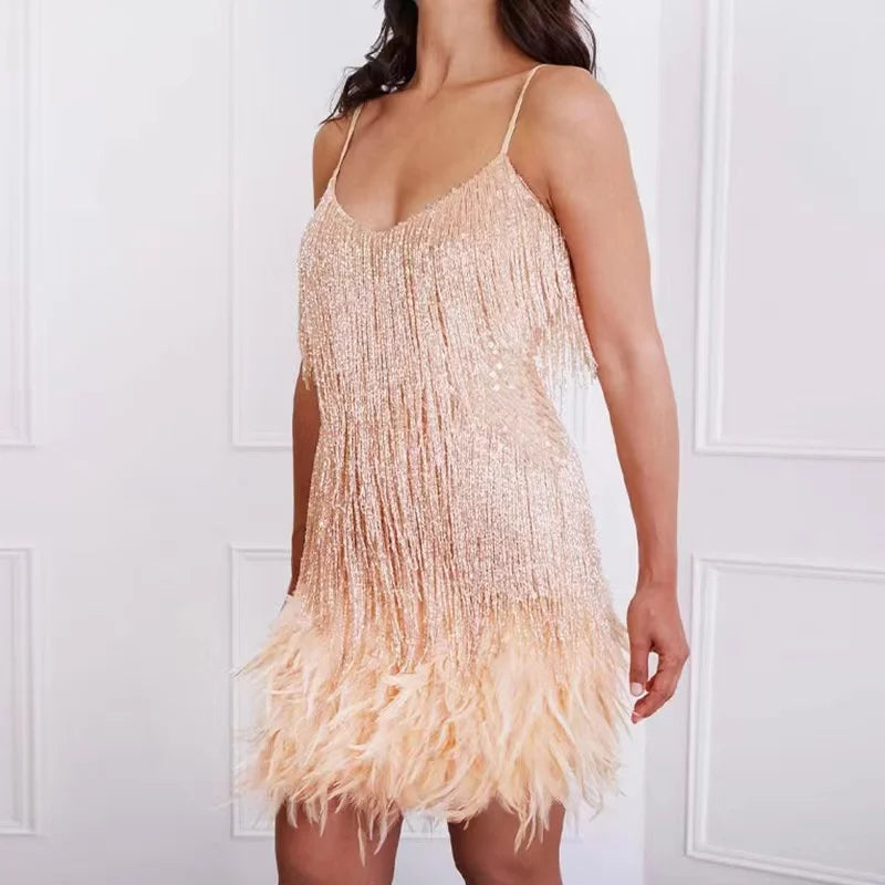 New Tassel Sequins Feather Mini Dress Spaghetti Strap Stitching Dresses Female Evening Party Club Dress