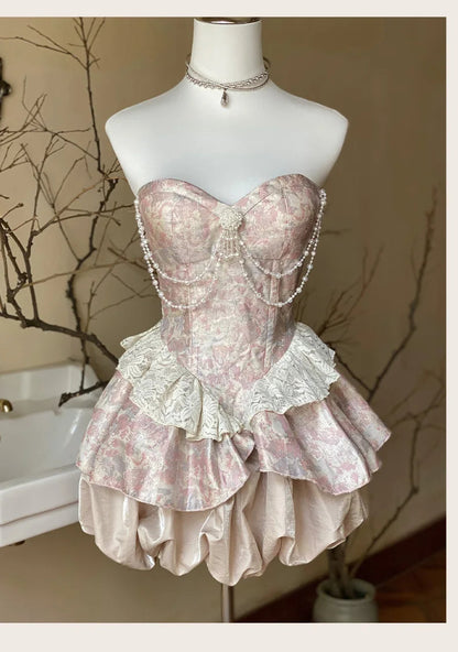 Sweet Elegance Retro Jacquard Strapless Dress for Lolita Dresses Pearl Pendant Slim Fit Patchwork Mini Dress