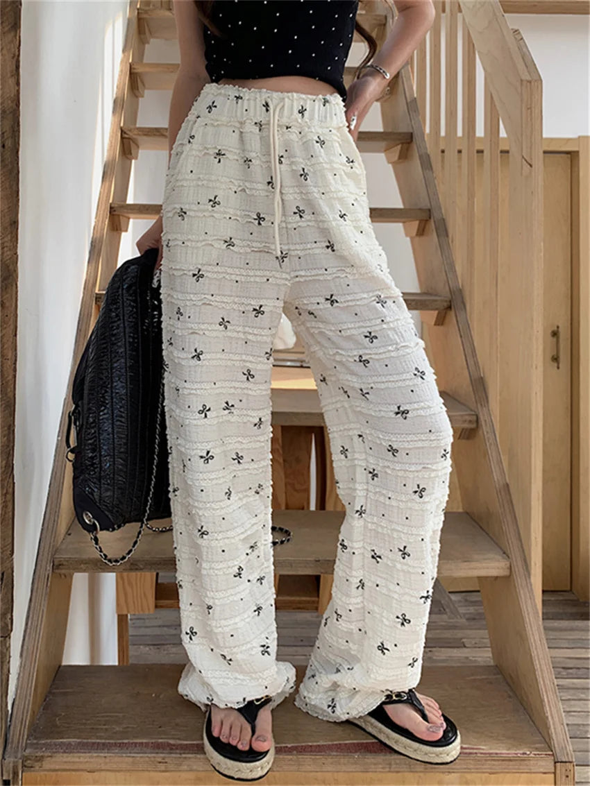 Printed Lace Pants Summer High Waist Loose Slim New Straight Office Lady Daily