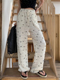 Printed Lace Pants Summer High Waist Loose Slim New Straight Office Lady Daily
