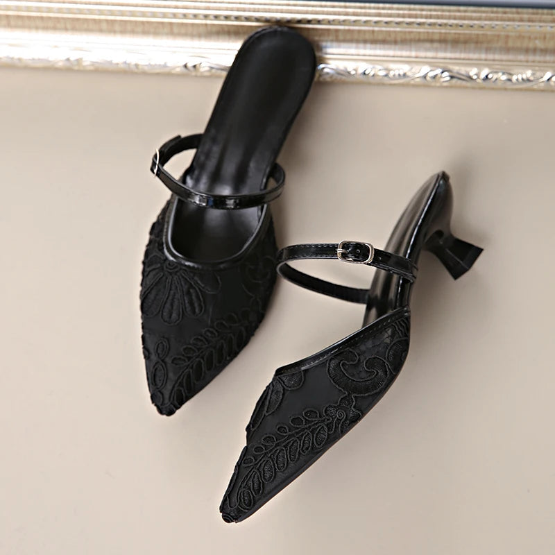 Summer Breathable Lace Mules Slippers Slip on Singbacks Slide Party Dress Shoes