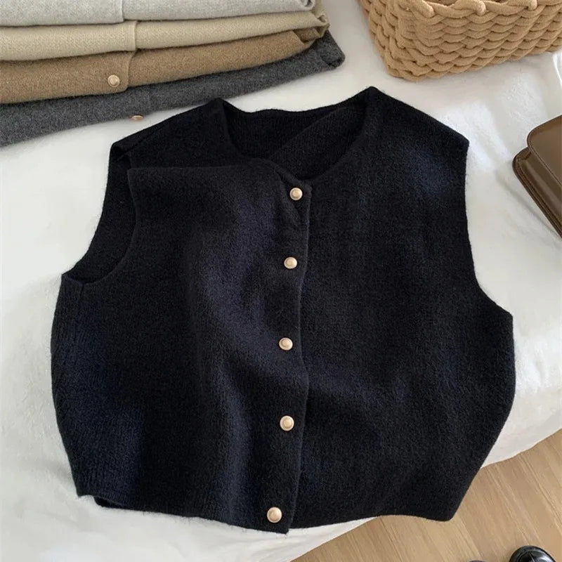 Autumn New Cardigan Korean Knitted Sleeveless Female Sweater Tanks New Slim Tops