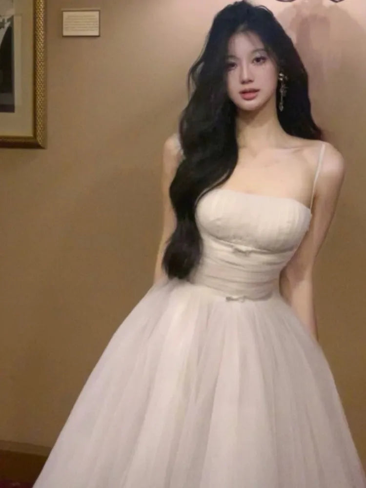 Fairycore White Princess Dress Sweet Ball Gown Birthday Party Vestidos Gauze Bodycone Strapless Camisole Long Dresses