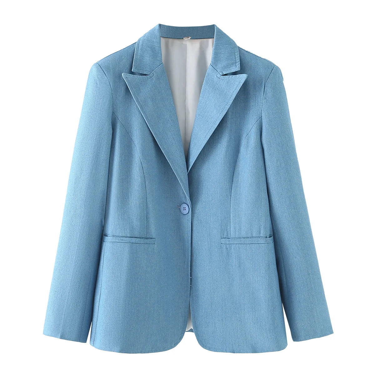 Spring Denim Blazer for Long Sleeves Pockets Lapel Single Button Jacket Female Loose Causal Coat