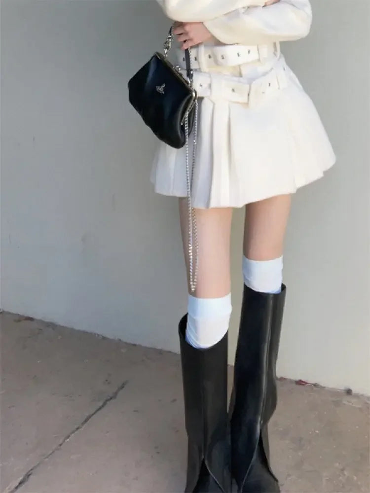 French Highend White Suit Dress Clothing Autumn New Long Sleeve Waist Belted Slimming Aline Pleated Mini Dress