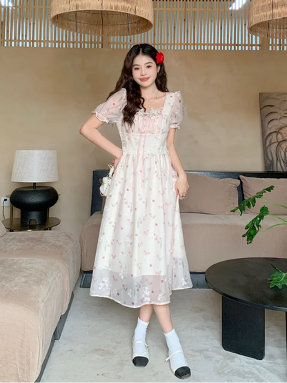 Summer French Chiffon Lace Dress Square Neck Waist Slim Shortsleeved Dress Bandage Midlength Dresses