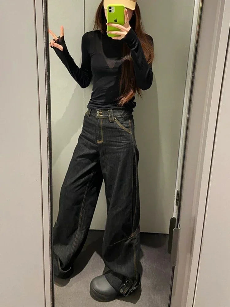 Black Wide Leg Jeans With Rivets Y2k High Wasit Denim Pants Korean Style Kpop Baggy Harajuku Trousers New