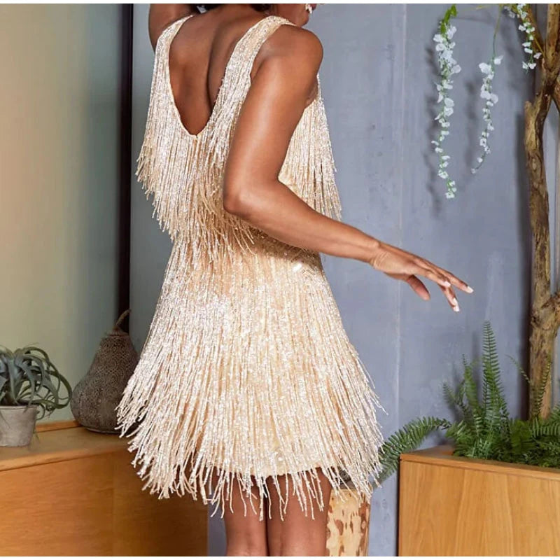 New Tassel Sequins Feather Mini Dress Spaghetti Strap Stitching Dresses Female Evening Party Club Dress
