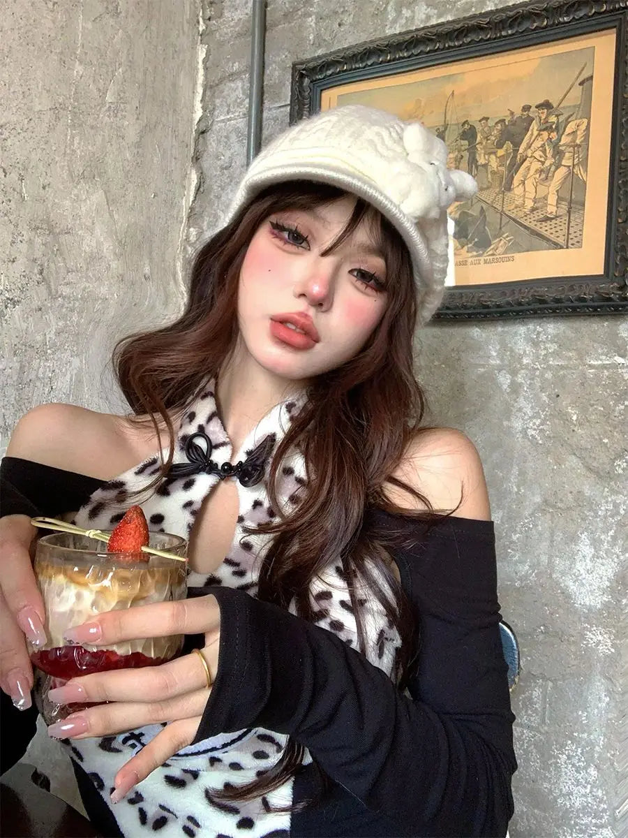 Autumn New Spicy Girl Leopard Pattern Splicing Slim Fit Top High Waist Furry Shorts Set Two Piece Sets Outfits