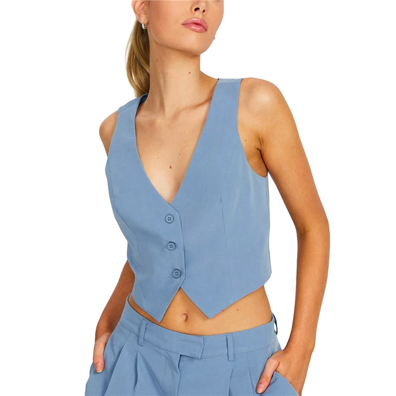 Vest Waistcoat for Y2k Clothes Color Slim Fit V Neck Sleeveless Button Down Crop Top Outwear Gilet