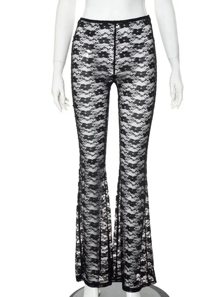 Long Micro Flare Y2k Pants Slim Fit Mesh Patchwork Pants High-waisted High-stretch