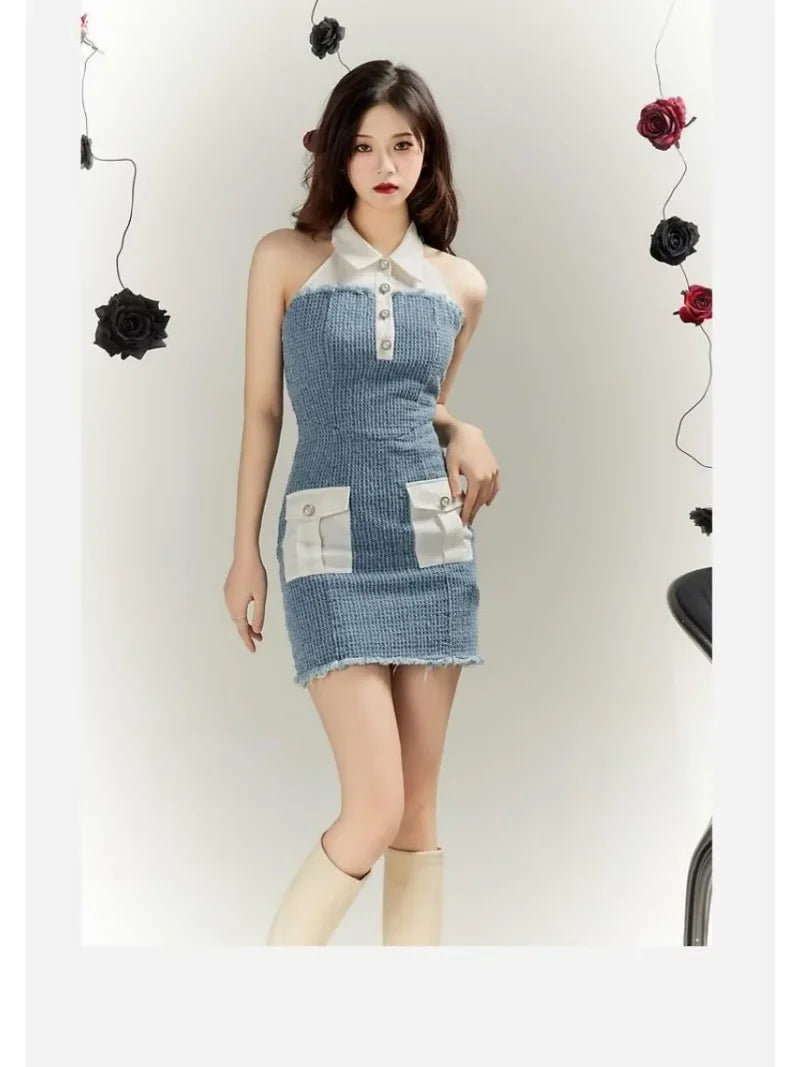 Sweet Hot Girl Denim Suit Autumn and Winter Short Coat Sleeveless Wrap Hip Dress Twopiece Set Female Clothes
