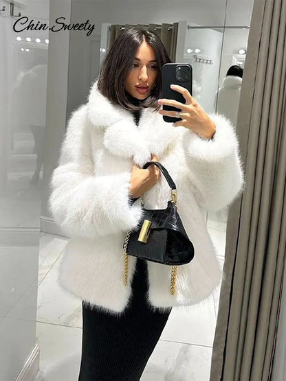 Fluffy Faux Fur Coat Loose Lapel Plush Long Sleeve Buckle Thick Jacket Autumn Winter Warm Overcoat New