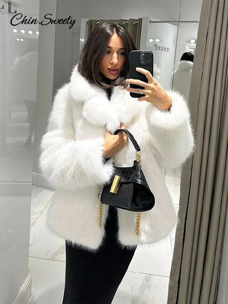 Fluffy Faux Fur Coat Loose Lapel Plush Long Sleeve Buckle Thick Jacket Autumn Winter Warm Overcoat New