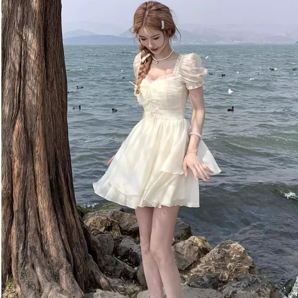 French First Love Pink Heart Neck Bubble Sleeve Dress for Summer New Princess Beach Resort Beach Skirt