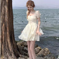 French First Love Pink Heart Neck Bubble Sleeve Dress for Summer New Princess Beach Resort Beach Skirt