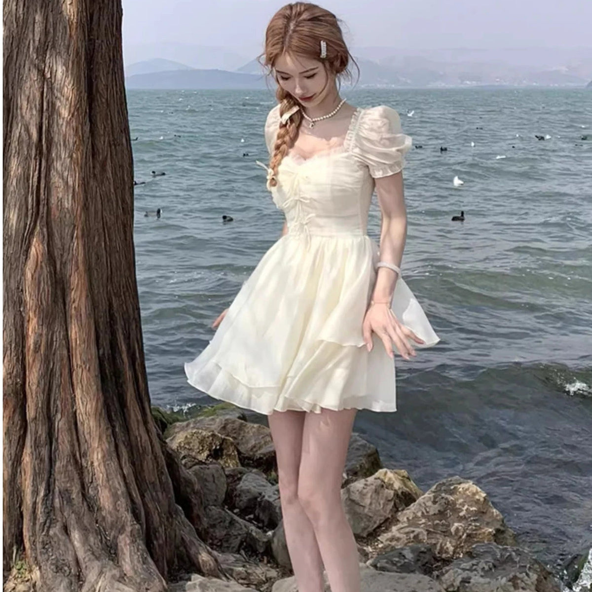 French First Love Pink Heart Neck Bubble Sleeve Dress for Summer New Princess Beach Resort Beach Skirt