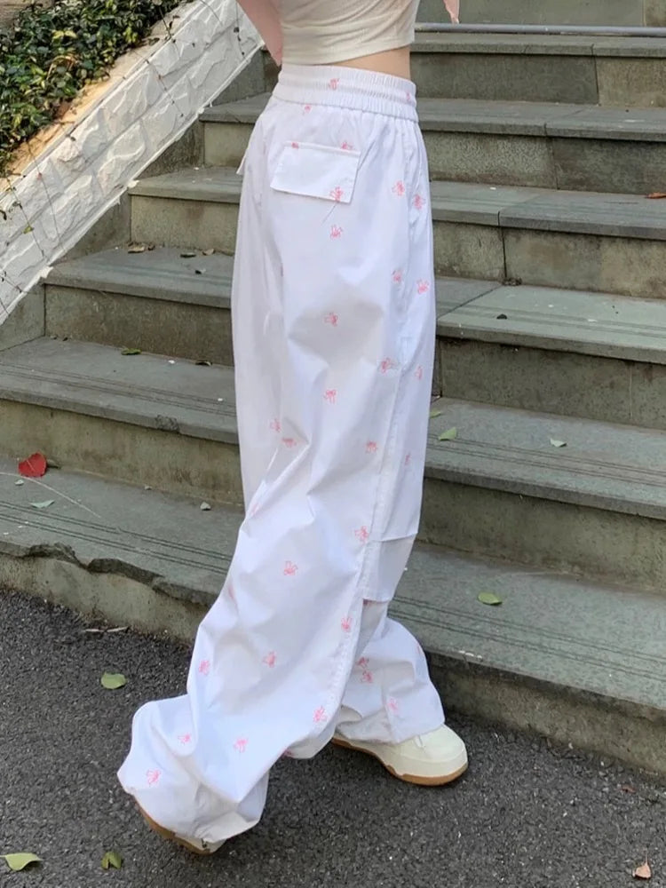 Y2k Parachute White Jogger Pants Baggy Bow Printed Sweatpants Hip Hop Slouchy Sporty Bottoms