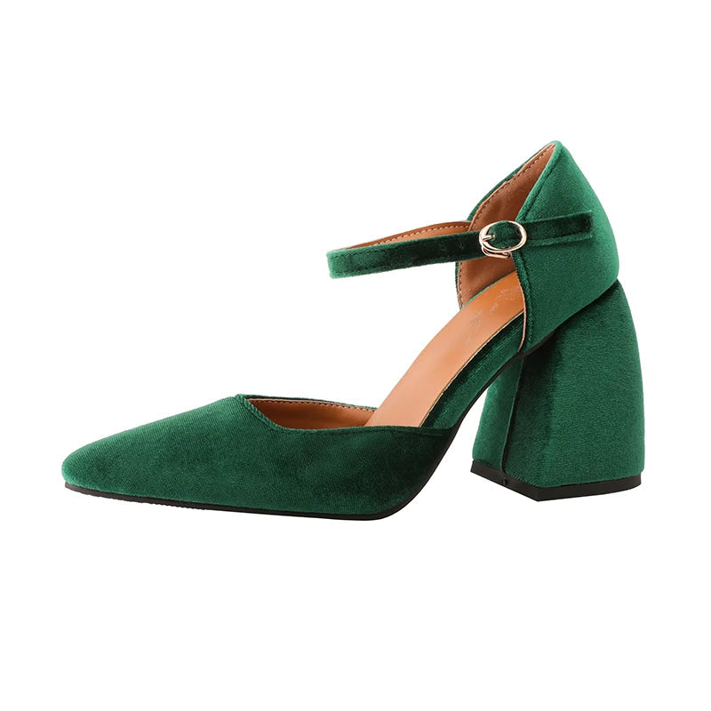 Velvet High Heels Shoes Female Ankle Straps Black Green Heeled Pointy Party Shoe Dress Pumps 45