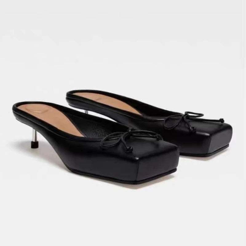 Brand Designer Mule Pumps Slippers Bow Square Toe Party Dress Shoes Red High Heels Sandals