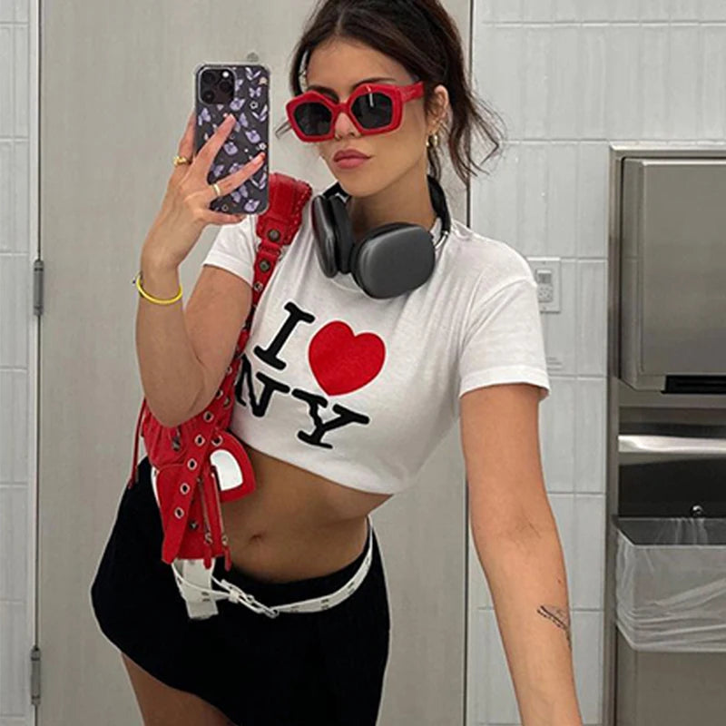 Y2k Summer New Round Neck Short Sleeved Letter Printed Open Navel European and American ’s Top T-shirt
