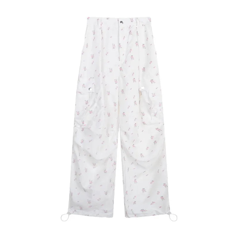 Printing Cargo Trousers for High Waist Patchwork Drawstring Long Pants Female Style