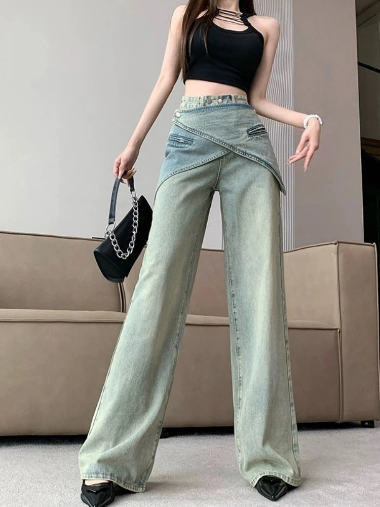 Light Blue Jeans Irregular Belt Cowboy Denim Straight Wide Leg Pants Female 90s Do Old Aesthetics Trousers