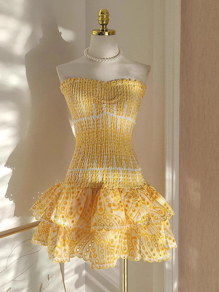 Embroidery Cut Out Woman Mini Dress Strapless Off Shoulder High Waist Vestidos Female Clothing Summer 23a430