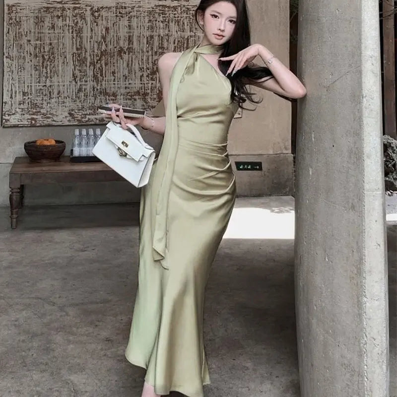 New Maxi Dresses Summer Sleeveless Off Shoulder Slim Dress High Street Club Lady Folds Dresses