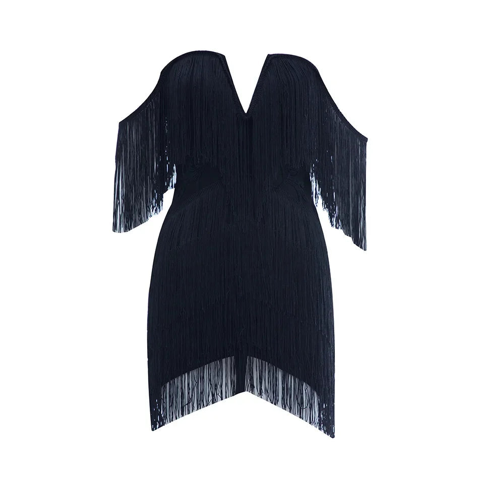 New Tassel Bandage Dress V Neck Off Shoulder Bodycon Nightclub Celebrity Female Party Mini Dresses