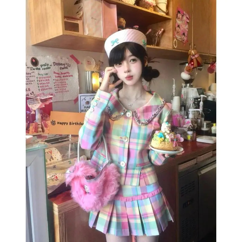 Sweet Rainbow Plaid Skirts Set Autumn New Doll Neck Coat Top High Waist Slim Pleated Short Skirt Two Piece Sets Outfits