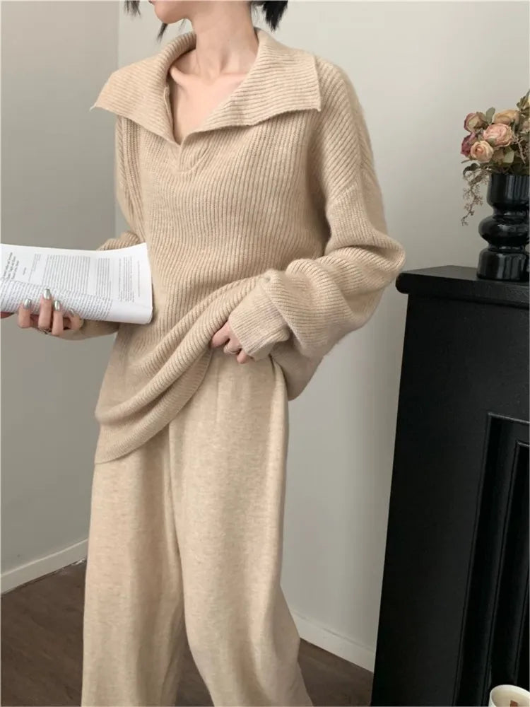 Autumn Winter ’s Knitted 2-piece Set Lapel Pullover Sweater Long Pants Korean Female Clothing Knitwear New