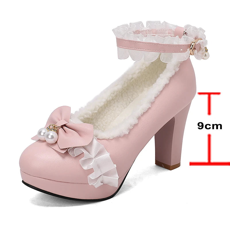 Ankle Strap Lolita Pumps Round Toe Thick High Heels Buckle Ruffles Bow Kawaii Cosplay Shoes Spring Autumn