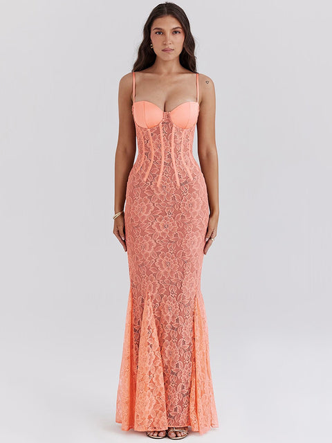 Lace Maxi Dress for Orange Spaghetti Strap Sleeveless Backless Bodycon Club Party Long Dress