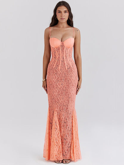 Lace Maxi Dress for Orange Spaghetti Strap Sleeveless Backless Bodycon Club Party Long Dress
